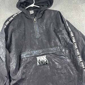 Victoria Secret Pink Windbreaker Rain Jacket‎ XS Black 3/4 Zip Pull Over Hooded